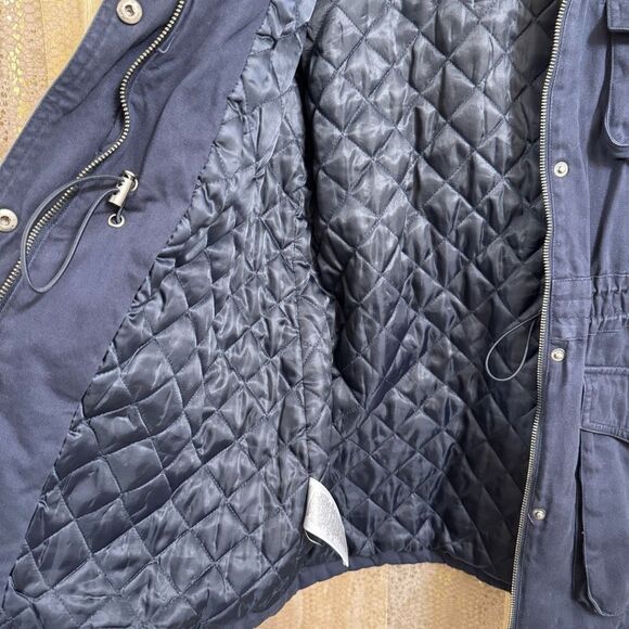 BCBGeneration Navy Blue Hooded Faux Fur Trim Anorak Parka Coat Large - Picture 8 of 10